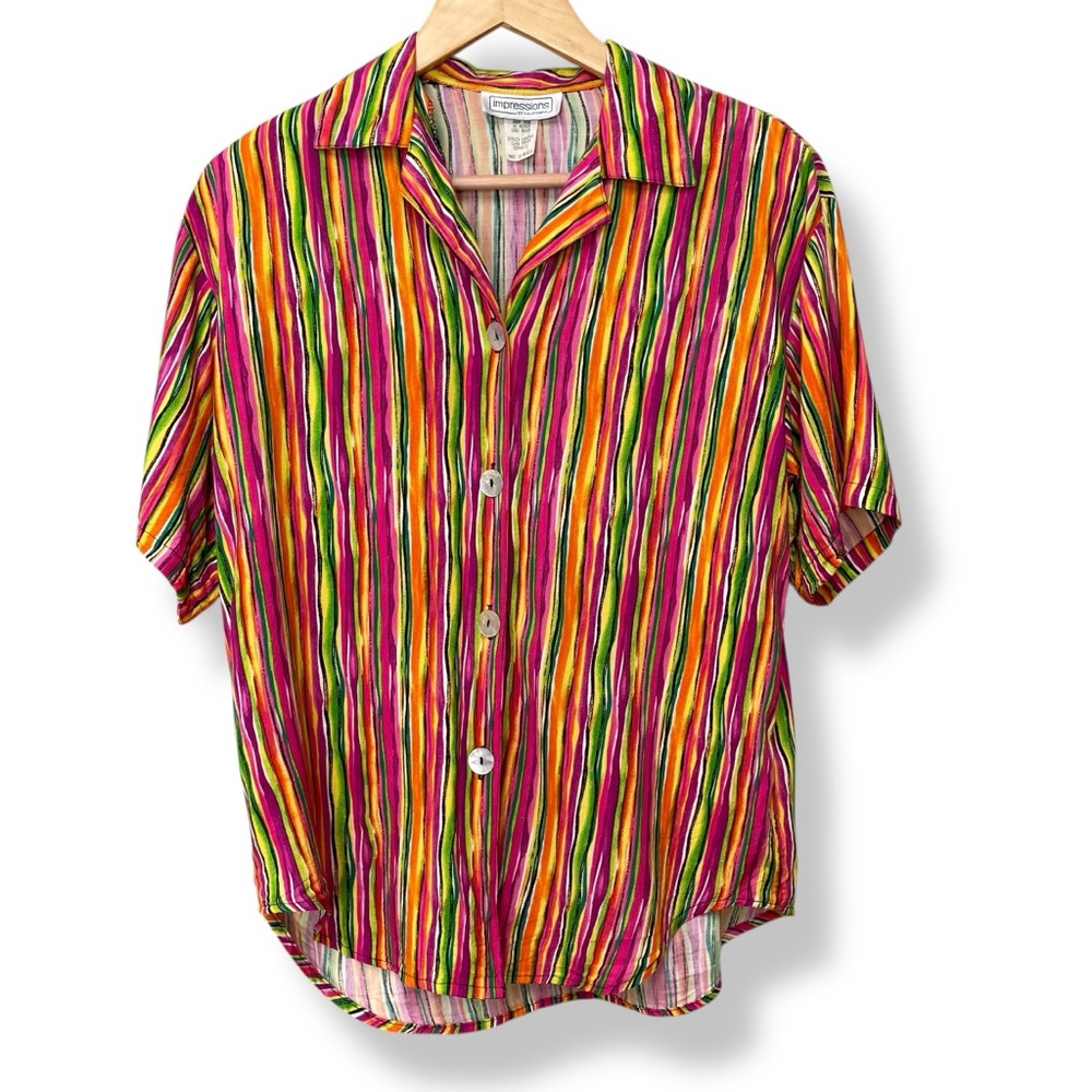 Vintage Top Striped Colorful‎ Women Orange Shell Buttons Rayon Eclectic Casual